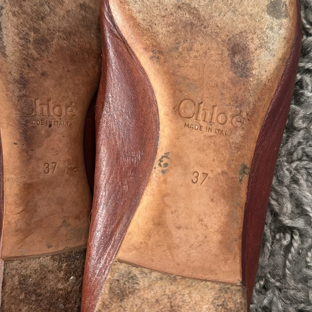 Chloe Lauren Ballet Ballerina Scalloped Flats Chestnut Cognac Brown size 37 (6)
